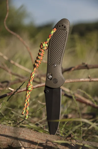 Pocket knife inserted into the tree stump on a background of grass — Stock Photo, Image