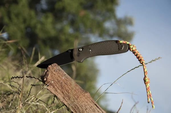 Pocket knife inserted into the tree stump on a background of grass — Stock Photo, Image