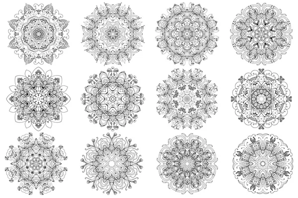 Set of abstract design element. Round mandalas in vector. Graphic template for your design. Decorative retro ornament. Hand drawn background with flowers. — Stock Vector