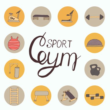 Spor salonu öğelerinin düz tasarım illüstrasyon vektör ayarla
