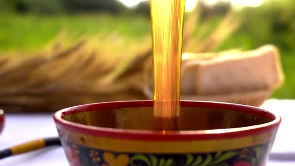 Pouring honey outdoors — Stock Video