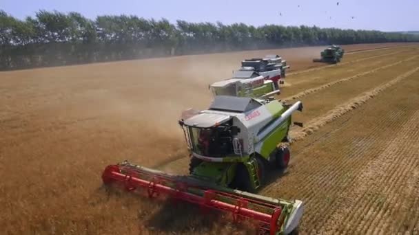 Aerial flight over harvesters — Stock Video