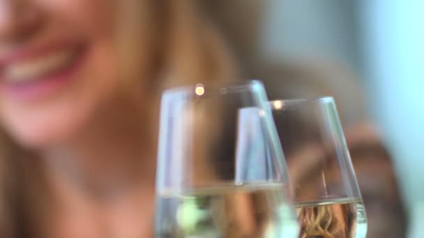 Mujer y hombre tintinean copas de vino — Vídeo de stock