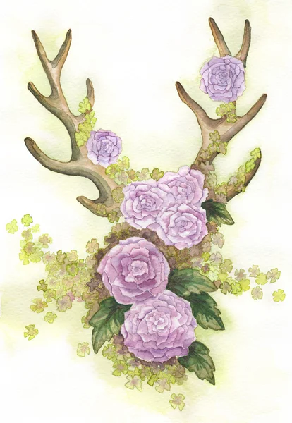 Poroża jelenia z dekoracje kwiatowe — Zdjęcie stockowe