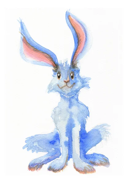 Синий кролик, раскрашенный вручную аквацветами — стоковое фото