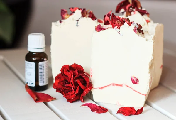 Homemade Soap Made Vegetable Oils Decorated Rose Petals Stock Image