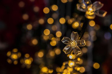 Çiçek şeklinde Noel ışıkları ve arka planda bulanık ışıklar.