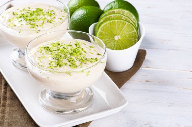 Delicious lemon mousse. Refreshing and tasty dessert - Lime mousse. Copy space