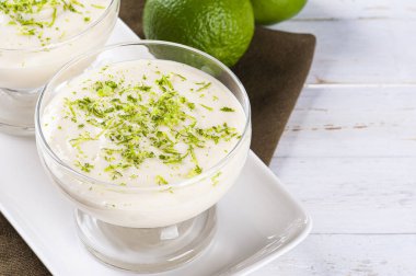 Delicious lemon mousse. Refreshing and tasty dessert - Lime mousse. Copy space