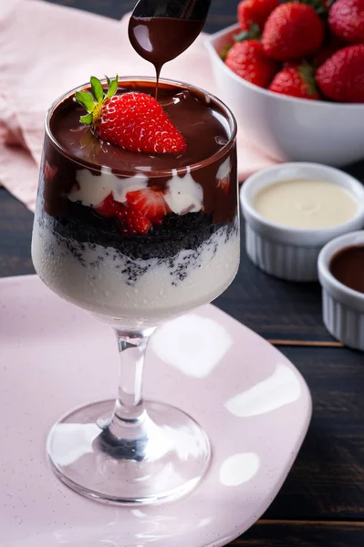 Vackert Glas Vaniljglass Med Chokladkaka Och Jordgubbsfrukt Ovanpå — Stockfoto