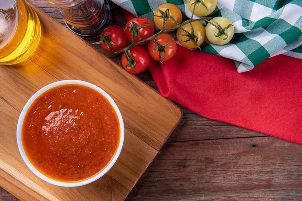 Delicious Fresh Tomato Sauce White Bowl Scenery Decorated Tomatoes Copy — Stock Photo, Image
