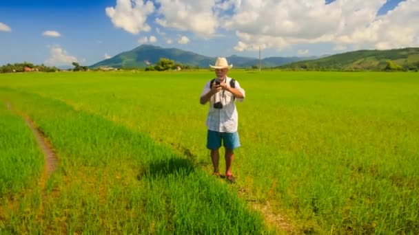 Man with camera in green field — Stock video