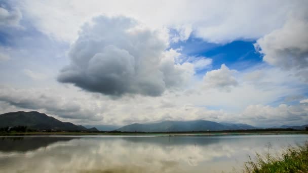 Felhők tükröződik a nyugodt folyó — Stock videók