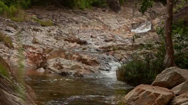 Гірська річка серед скелястих берегів — стокове відео