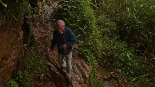 Viejo hombre escoge camino a lo largo del camino — Vídeo de stock