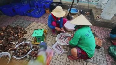 Vietnam kadın farklı shellfishes oturur
