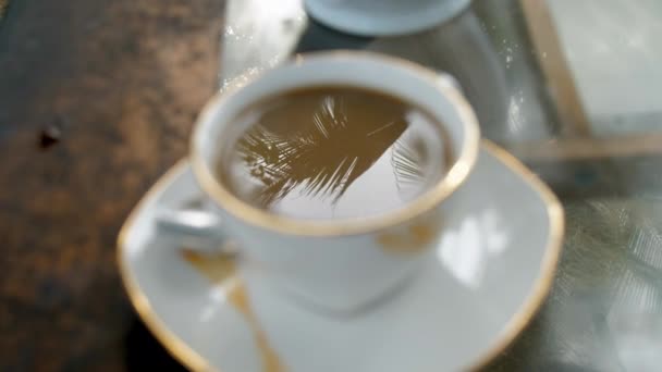 Silueta palmy odráží v porcelánu pohár s kávou — Stock video