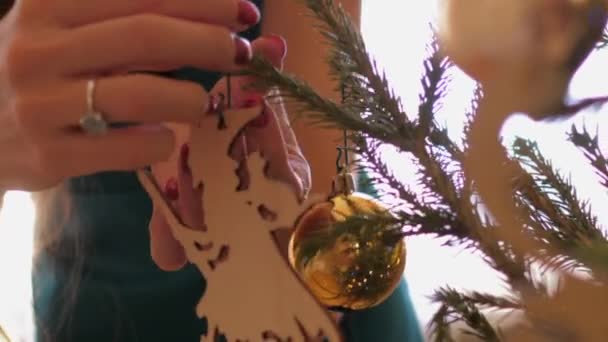 Femme pend jouet en bois en forme de sorcière sur l'arbre de Noël — Video