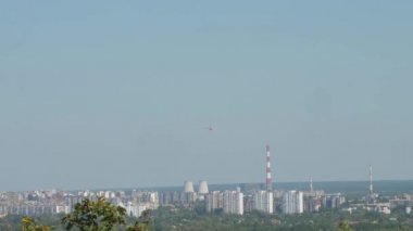 Gökyüzüne ve Kyiv şehrine karşı yüksek yeşil ağaç dalları