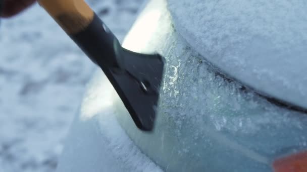 Persona en chaqueta de invierno golpea limpiaparabrisas negro con cepillo de nieve — Vídeos de Stock