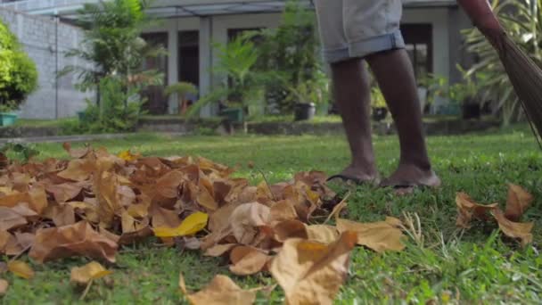 Mladý muž v žabkách drží koště a čistí listy — Stock video