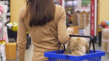 Uzun saçlı esmer, büyük alışveriş merkezinde yürüyor.