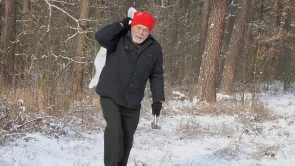 Wiek mężczyzna chodzi po śnieżnej drodze trzymając topór i torbę — Wideo stockowe