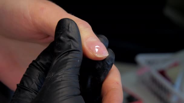 Manucure expérimenté applique gel de base sur l'ongle du pouce — Video