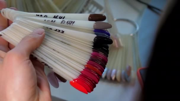 Beauty salon visitor looks at palette with coloured manicure — Stock Video