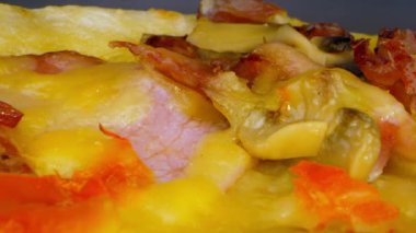 Farklı baharatlarla serpiştirilmiş peynirli lezzetli pizza.