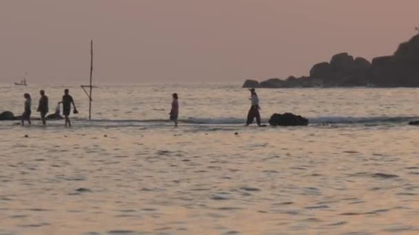 El grupo de personas camina a lo largo del agua del océano — Vídeo de stock