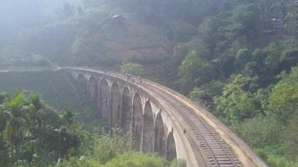 Турист наслаждается знаменитым Демодарским мостом в тропических лесах — стоковое видео