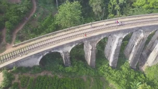 Travelers walk along Demodara Nine Arches bridge over forest — Stock Video