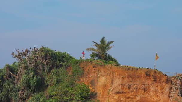 Turist tittar på fåglar på gamla branta klippor med palm och flagga — Stockvideo