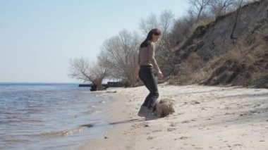 Gülümseyen genç kadın küçük Shih tzu köpek yavrusunu çalıştırıyor.