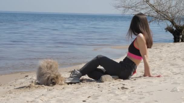 Mujer joven con el pelo largo y suelto admira interminable mar por perro — Vídeo de stock