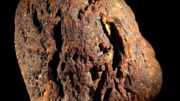 Piedra redonda de ámbar con suciedad marrón se encuentra sobre fondo negro — Vídeo de stock