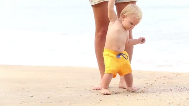 Niño sosteniendo la mano de la madre en la playa — Vídeo de stock