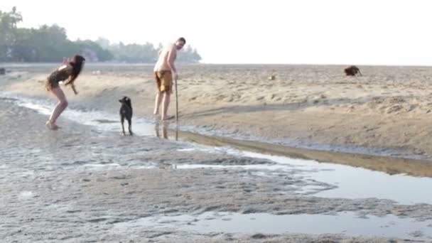 Prasejarah pria dan wanita bermain dengan anjing — Stok Video