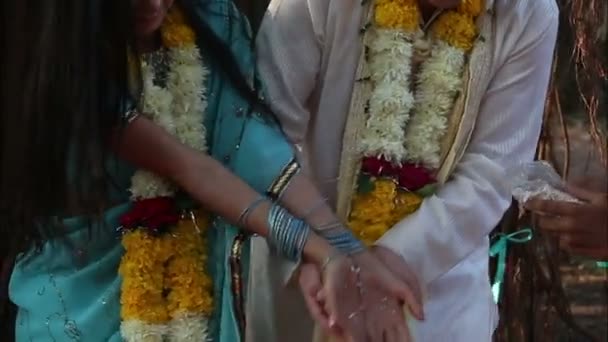 Νύφη και γαμπρός χύνεται ρύζι στα χέρια — Αρχείο Βίντεο