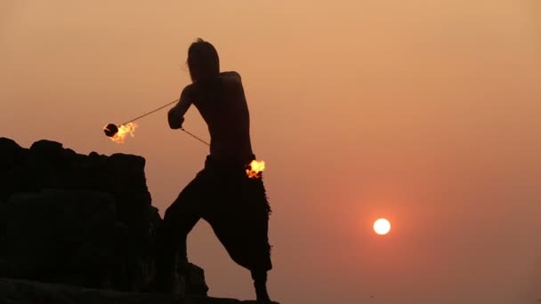 Male Artist with fire poi — Stock Video