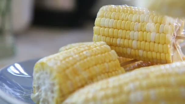 Corn strung on wooden skewers — Stock Footage Corn strung on wooden skewers Video Clip