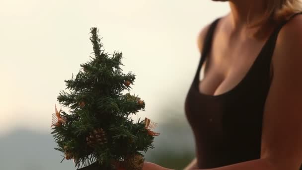 Mädchen hängt Schneemann an Weihnachtsbaum — Stockvideo