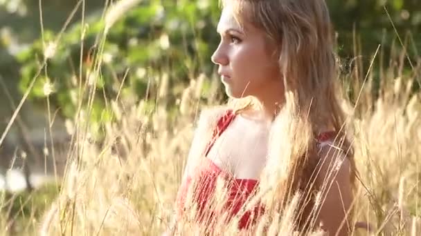 Девушка в высокой траве — стоковое видео