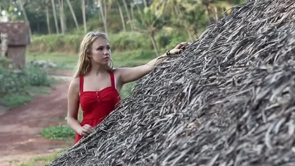 Женщина в тропической деревне — стоковое видео