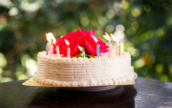 Delicious cake with candles — Stock Photo, Image