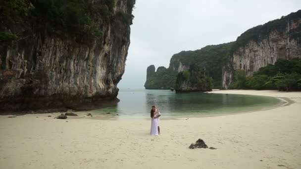 Bride and groom kiss at  beach — Stock Video