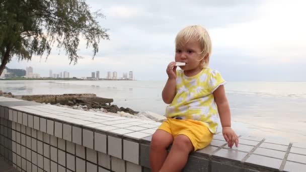 Niño comiendo galletas en primera línea de mar — Vídeo de stock