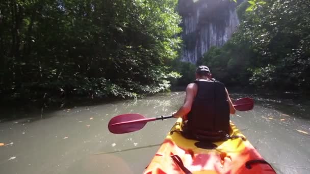 Hombre remando kayak en manglares — Vídeos de Stock