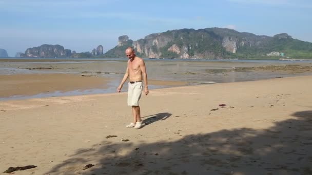 Vieil homme faisant du yoga sur la plage — Video